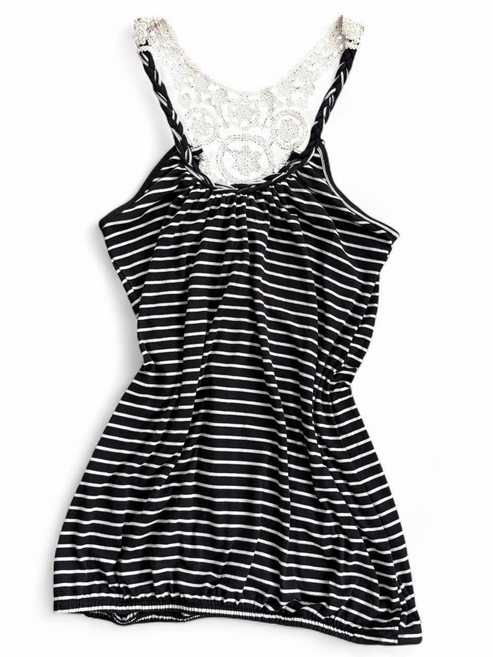Y2K Black & White Striped Crochet Lace Tank Top - Large